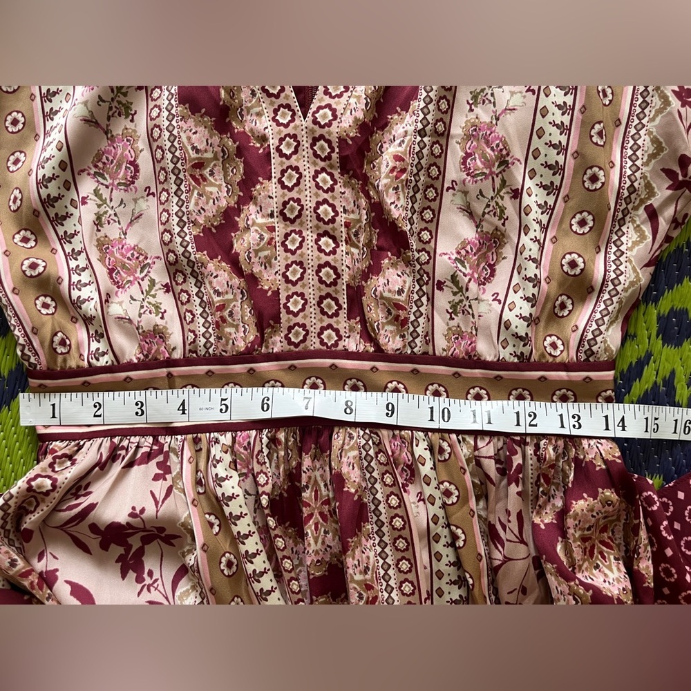 GAL MEETS GLAM COLLECTION Liza Print Charmeuse Midi Dress In Wine Prini Size 2 - Picture 10 of 11